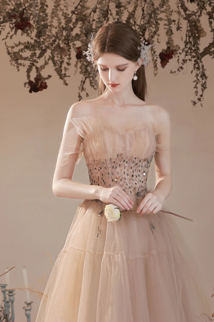 Champagne Strapless Tulle Long Prom Dress with Beaded, A-Line Evening Party Dress